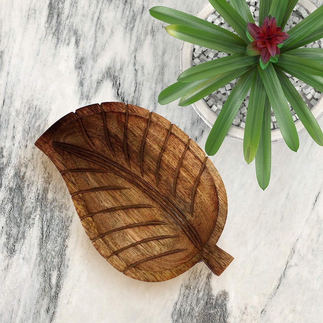 Decorative Tray Wooden Leaf Design Serving Tray Platter L Etsy