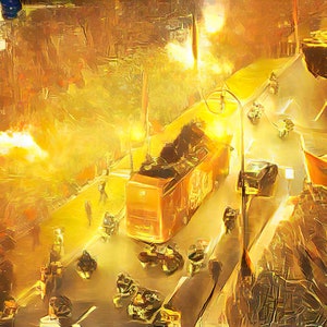 May include: A digital painting of a city street scene at night. The street is lined with people and vehicles, including a large red bus. The scene is lit by streetlights and the headlights of the vehicles. The painting is done in a style that is reminiscent of impressionism.