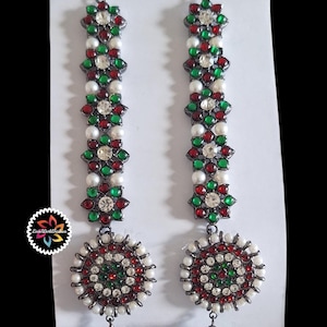 Black polish bharatanatyam Temple Jewelry Ear Chain | Mattal Kemp Multi-Stones Pearls Flower Design | Traditional South Indian Dance Mattle