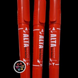May include: Three bright red markers with matching caps and clips. Each marker features white text reading ALTA, Hand & Foot, Red Marker, and NYRA. A circular logo with a colorful floral design and the text Livis World Fashion is visible.