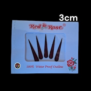 May include: A package of Red Rose brand nail art outlines. The package is white with a red rose logo and the text "100% Water Proof Outline". The package contains five dark red, pointed nail art outlines, each approximately 1.2 inches in length.