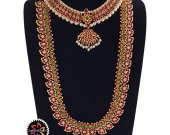 Mango Bharatnatyam haram / Kempstone Bharatanatyam Set – collar largo Joyería de baile Conjunto de joyas Bharatanatyam – Hecho a mano Kempstone Bridal