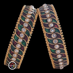 Kempu Temple Bangles – Bharatanatyam Kuchipudi Dance Jewelry for Weddings | Bangle | Ruby and green with white stone bangle