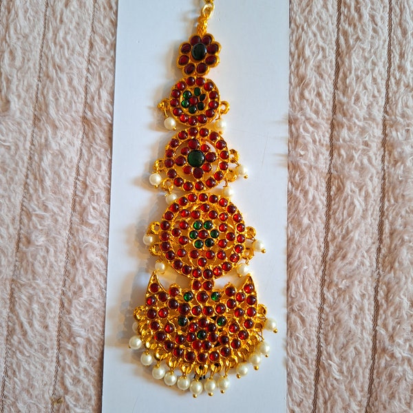 Red/Green Kemp Stones & White Pearls Statement Maang Tikka | Gold Plated South Indian Traditional Bharatanatyam Jewelry | layered Nethi Chut