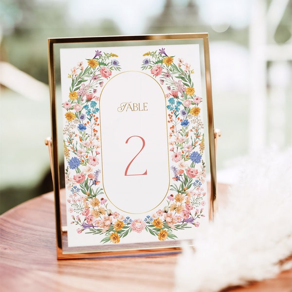 Garden flower table number template - rustic floral editable summer bridal shower decor, DIY sign 5x7 & 4x6, pink yellow and blue, gpt8