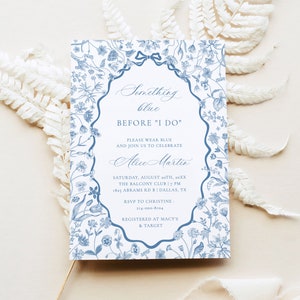 Algo azul antes de eu fazer modelo de convite para chá de panela - Garden Flowers Summer Dusty Blue Convite Cartão, Festa de casamento de primavera, gfr9