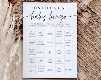 Find the Guest Bingo Baby Shower Game Template - Modern Minimalist Editable Card, Gender Reveal Party Activity, Fun Ice Breaker Games, sf01