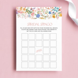 Plantilla de juego de cartas de bingo de despedida de soltera - Tarjeta de bricolaje de verano de flores de jardín editable, actividad de fiesta de primavera azul amarillo rosa Cottagecore, gpt8