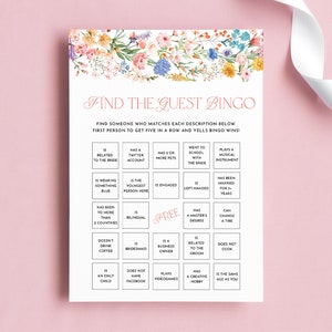 Plantilla de juego de bingo para despedida de soltera: tarjeta de bricolaje editable con flores de jardín de verano, actividad de fiesta de primavera rosa, amarilla y azul, gpt8