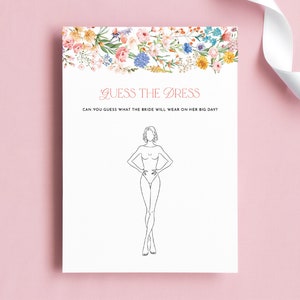Guess the Dress Bridal Shower Game Template - Draw Wedding Dress, Summer Garden Flower, Pink Yellow and Blue Spring Party Activity, gpt8