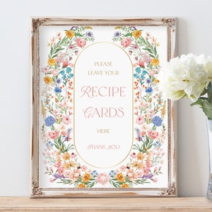 Plantilla de signo editable de tarjeta de receta - Decoración de despedida de soltera, fiesta de flores de jardín rosa, amarillo y azul, deje sus tarjetas de recetas aquí, gpt8
