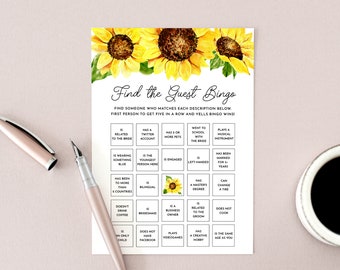 Find the guest bingo bridal shower game template - cottagecore sunflower DIY card, country barn wedding, bachelorette party activity, scb1