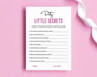 Dirty little secrets - hot pink bachelorette party game, girls night out activity, minimalist editable card, who knows the bride best, pmb7