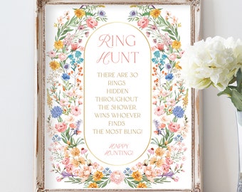 Ring hunt editable bridal shower game template - find the rings game sign, garden flower theme, pink yellow and blue party activity, gpt8