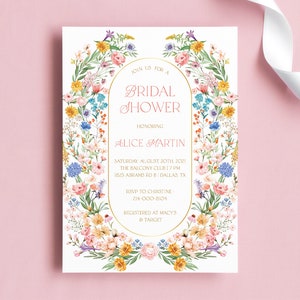 Garden flower bridal shower invitation template - rustic floral printable summer invite card, pink yellow and blue spring wedding, gpt8