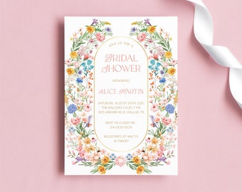 Garden flower bridal shower invitation template - rustic floral printable summer invite card, pink yellow and blue spring wedding, gpt8