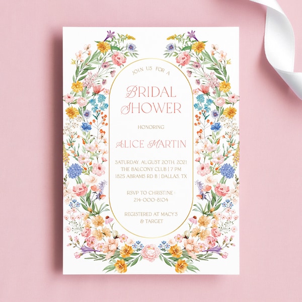 Modèle d'invitation de douche nuptiale fleur de jardin - carte d'invitation d'été imprimable floral rustique, mariage de printemps rose jaune et bleu, gpt8