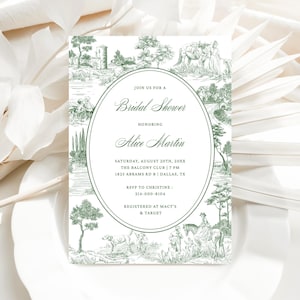 Modelo de convite para chá de panela verde Toile de Jouy - Cartão de convite com moldura de gravuras vintage, festa de casamento em estilo francês, tbt8
