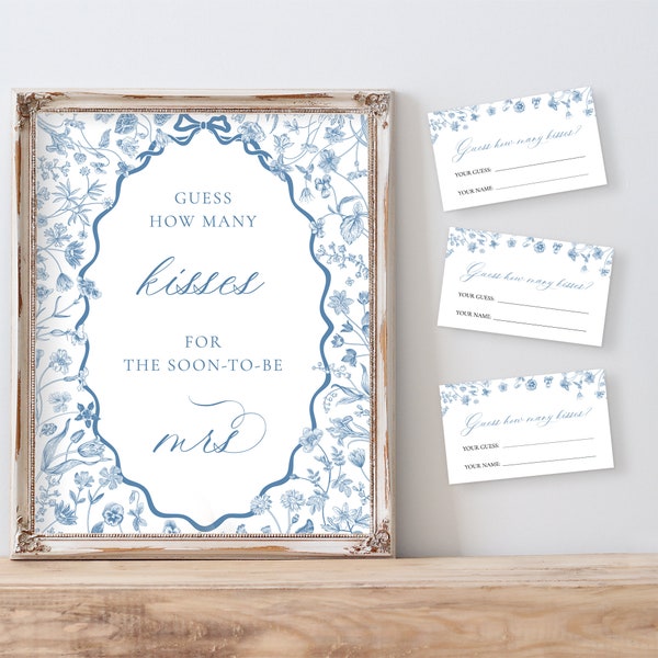 How Many Kisses For The Soon To Be Mrs Bridal Shower Game Template - Dusty Blue Spring Floral Bridal Shower Activity, Garden Party, gfr9