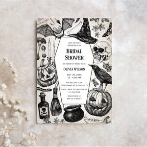 Halloween Brautparty Einladung Vorlage - Witchy Party, Schädel, Rabe, Kessel, Vintage Hexenzirkel Einladen, Liebe braut, wbz2