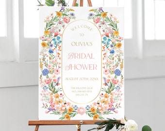 Garden flower bridal shower welcome sign printable template - pink yellow and blue spring hen party sign, floral editable poster, gpt8