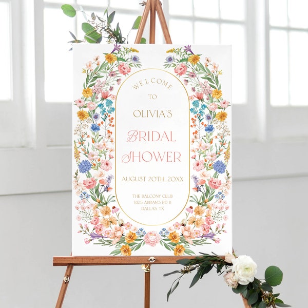 Modèle imprimable de panneau de bienvenue de douche nuptiale de fleur de jardin - signe de partie de poule de ressort rose jaune et bleu, affiche modifiable de floral, gpt8