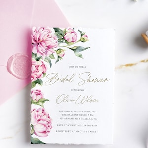 Modèle d'invitation de douche nuptiale de pivoine rose blush - carte d'invitation modifiable de pivoines d'été florales rustiques, garden-party de mariage de printemps, pbs1