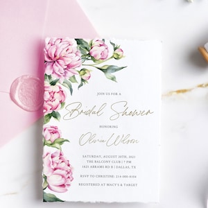 Blush pink bridal shower invitation template with peonies