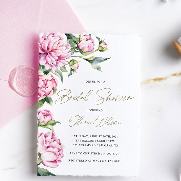 Blush pink peony bridal shower invitation template - rustic floral summer peonies editable invite card, spring wedding garden party, pbs1