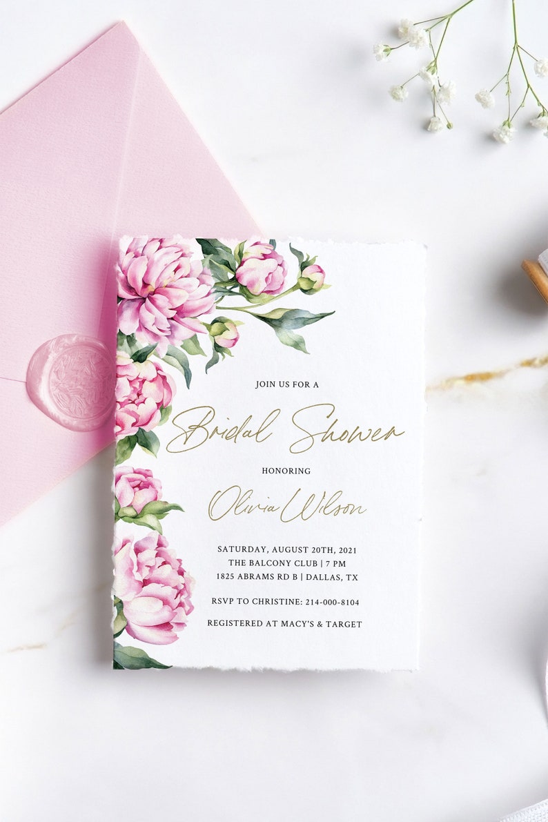 Blush pink bridal shower invitation template with peonies