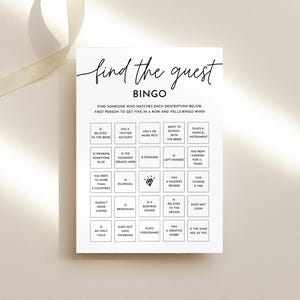 Plantilla minimalista para el juego de bingo de despedida de soltera Find the Guest: conócete, tarjeta editable monocromática, actividad para despedida de soltera, sf01