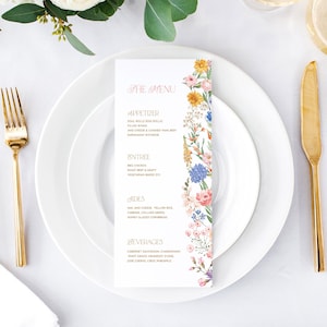Plantilla editable de menú: fiesta de despedida de soltera con flores en un jardín rosa, amarillo y azul, cena de ensayo, decoración elegante de mesa con flores coloridas, gpt8