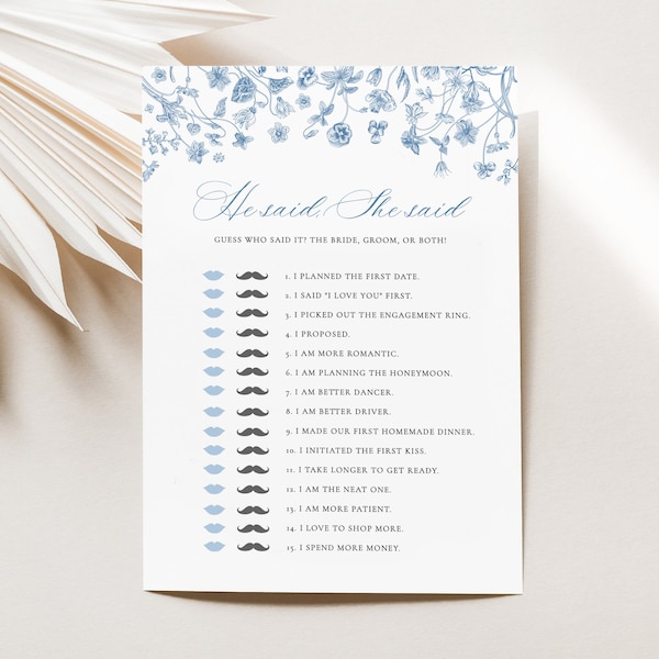 He Said She Said Game Template - Dusty Blue Guess Who Said It, Spring Floral Bridal Shower Activity, Garden Party, gfr9