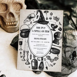Halloween Brautparty Einladung Vorlage - Sie Legte Einen Zauber Auf Ihn, Hexenhut Kessel Vintage Einladen, Liebe braut, Herbst Herbst, wbz2
