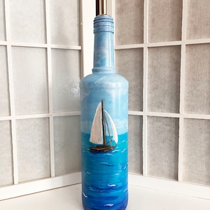 Olive Oil Dispenser - hand painted up-cycled wine bottle,  one of a kind,  use for oil,  vinegar or soap dispenser. Sailboat