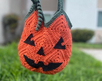 Handmade Crochet Pumpkin Bag, Halloween Jack-O'-Lantern Pouch
