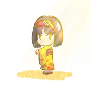 May include: A cartoon illustration of a young girl wearing a yellow and red kimono with a yellow headband. The girl has dark hair and yellow eyes. The background is a light yellow with a sunbeam shining down on the girl.