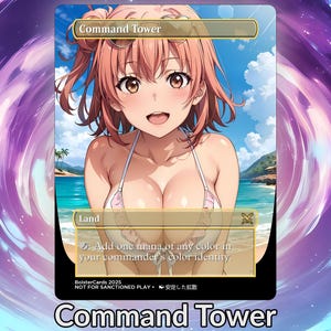 May include: A fantasy card featuring a smiling anime character in a bikini on a beach. The card is labeled "Command Tower" with text at the bottom. The background shows a sunny beach scene with blue water and sky.