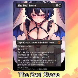 Könnte beinhalten: Eine Magic: The Gathering-Karte mit dem Titel "The Soul Stone". Die Karte zeigt eine stilisierte Anime-Illustration einer Frau mit schwarzen Haaren und lila Augen. Der Kartentext enthält "Legendary Artifact - Infinity Stone" und Spielanweisungen.