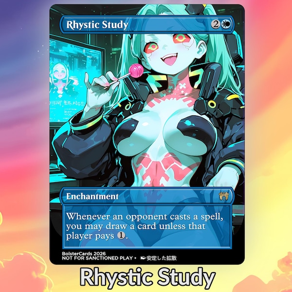 Rhystic Study Cyberpunk Anime Waifu Playtest Proxy Card: Custom TCG Art