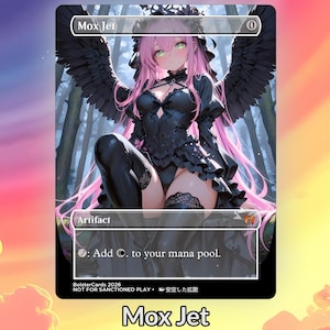 May include: A Mox Jet card with a fantasy illustration of a woman with pink hair, green eyes, and black wings. The card has the text "Mox Jet" at the top and bottom, with "Artifact" and game instructions. The background is a forest scene.