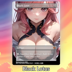 May include: A Black Lotus trading card depicting a woman with pink hair and eyes. The card has a black border with the text "Black Lotus" at the top and bottom. It is an artifact, allowing the player to add three mana of any one colour.