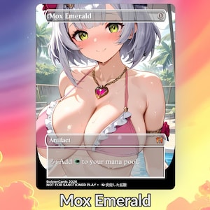 May include: A Mox Emerald card with an anime-style illustration of a woman in a pink bikini. The card has the text "Mox Emerald" at the top and bottom, with "Artifact" and instructions below the image. The background depicts a tropical scene.