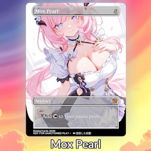 May include: A custom Mox Pearl card with an anime-style illustration of a woman with pink hair and blue eyes. The card has a white border with the text "Mox Pearl" at the top and bottom. The card is labeled "Artifact" and includes game instructions.