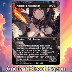 Könnte beinhalten: Fantasy-Karte mit einer Illustration eines Uralten Messingdrachen. Die Karte hat einen schwarzen Rand mit dem Text "Ancient Brass Dragon" oben und unten. Das Kunstwerk zeigt eine weibliche Figur mit schwarzen Haaren und roten Augen, mit feurigen Akzenten.