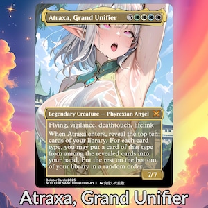 May include: A collectible card featuring the character Atraxa, Grand Unifier. The card has a detailed illustration of a female angel with white hair and a revealing outfit. The card includes text describing the character's abilities and stats.