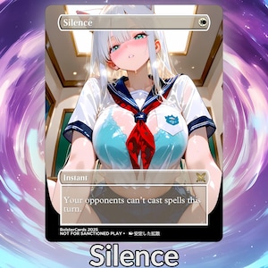 May include: A trading card featuring an anime-style illustration of a female character in a school uniform. The card is labeled "Silence" and includes the text "Your opponents can't cast spells this turn."