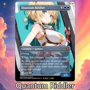 Könnte beinhalten: Sammelkarte mit dem Titel "Quantum Riddler" und einer Anime-Figur. Die Karte hat ein blau-weißes Design mit Text, der die Fähigkeiten der Kreatur beschreibt. Die Stärke und Zähigkeit der Karte betragen 4/6.