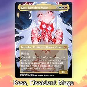 May include: A Magic: The Gathering card featuring "Kess, Dissident Mage." The card shows a female character with white hair, red eyes, and red tattoos. The card has a gold border and includes game text and a power/toughness of 3/4.