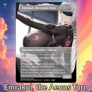 Könnte beinhalten: Eine Magic: The Gathering-Karte mit Emrakul, the Aeons Torn. Die Karte hat einen schwarzen Rand und eine Illustration einer weiblichen Figur in einem schwarz-rosa Anzug. Der Kartentext beschreibt den Kreaturentyp, die Fähigkeiten und die Stärke/Zähigkeit.